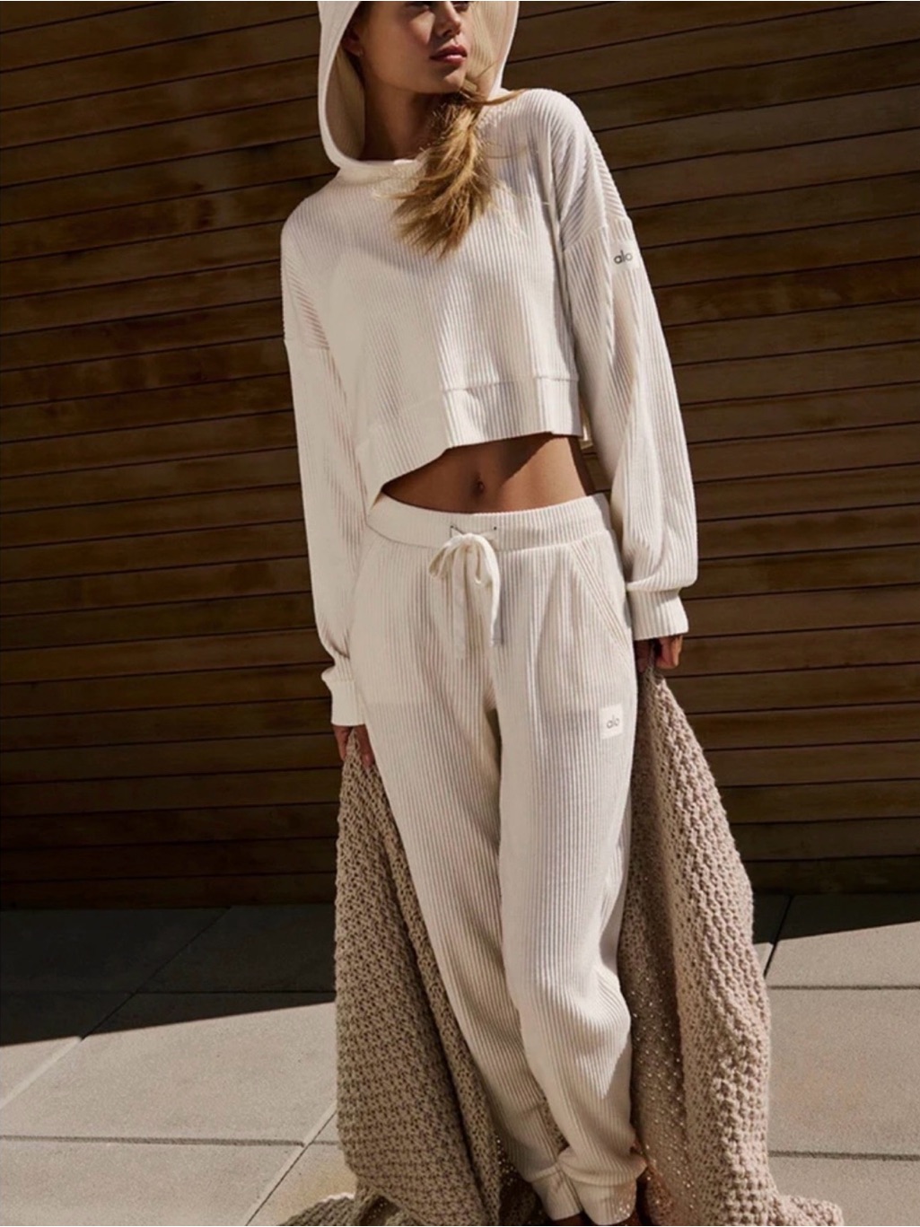 Alo Yoga Muse Set (New) Cropped Ribbed Hoodie & Jogger Set In Cream